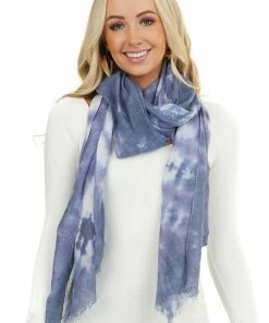 Umgee Accessories Navy Tie Dye Lightweight Scarf With Frayed Hem Detail