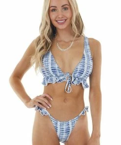 Envya Navy Tie Dye Tie Closure Top Bikini Set With Frill Details Accessories