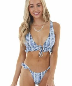Envya Navy Tie Dye Tie Closure Top Bikini Set With Frill Details Accessories