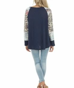 Lovely Melody Navy Waffle Knit Top With Contrast Multiprint Long Sleeves