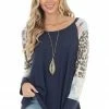 Lovely Melody Navy Waffle Knit Top With Contrast Multiprint Long Sleeves