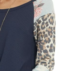 Lovely Melody Navy Waffle Knit Top With Contrast Multiprint Long Sleeves