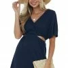 Davi & Dani Navy Waist Cut Out Crinkle Knit Mini Dress