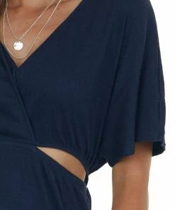 Davi & Dani Navy Waist Cut Out Crinkle Knit Mini Dress