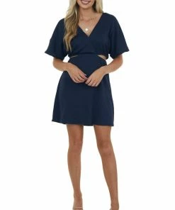 Davi & Dani Navy Waist Cut Out Crinkle Knit Mini Dress