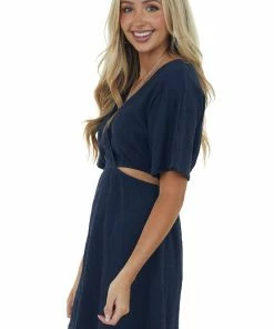 Davi & Dani Navy Waist Cut Out Crinkle Knit Mini Dress