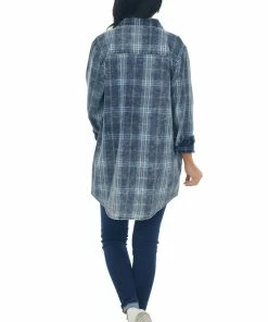 Peach Love Tops Navy Washed Plaid Chambray Button Down Top
