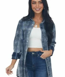 Peach Love Tops Navy Washed Plaid Chambray Button Down Top