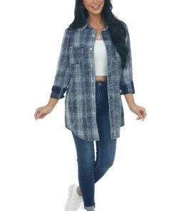 Peach Love Tops Navy Washed Plaid Chambray Button Down Top
