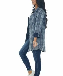 Peach Love Tops Navy Washed Plaid Chambray Button Down Top