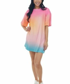 XYNC Neon Bubblegum Ombre Knit Mini Tee Shirt Dress Tops