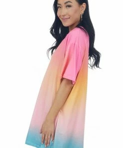 XYNC Neon Bubblegum Ombre Knit Mini Tee Shirt Dress Tops