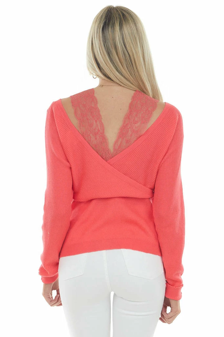 143 Story Neon Coral Lace Strap Ribbed Knit Light Sweater 9 143 Story Neon Coral Lace Strap Ribbed Knit Light Sweater