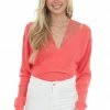 143 Story Neon Coral Lace Strap Ribbed Knit Light Sweater
