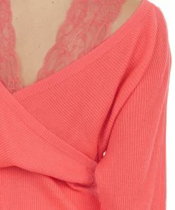 143 Story Neon Coral Lace Strap Ribbed Knit Light Sweater 20 143 Story Neon Coral Lace Strap Ribbed Knit Light Sweater