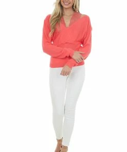 143 Story Neon Coral Lace Strap Ribbed Knit Light Sweater