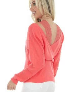 143 Story Neon Coral Lace Strap Ribbed Knit Light Sweater 18 143 Story Neon Coral Lace Strap Ribbed Knit Light Sweater