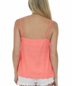 143 Story Neon Coral Scalloped Woven Top With Side Slits Tops