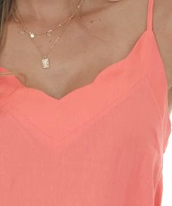 143 Story Neon Coral Scalloped Woven Top With Side Slits Tops