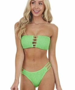 Envya Neon Lime Bandeau Smocked Bikini Set With Ladder Cut Outs