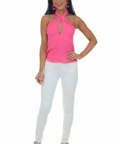 Glam Tops Neon Magenta Halter Neck Chest Cut Out Blouse 14 Glam Tops Neon Magenta Halter Neck Chest Cut Out Blouse