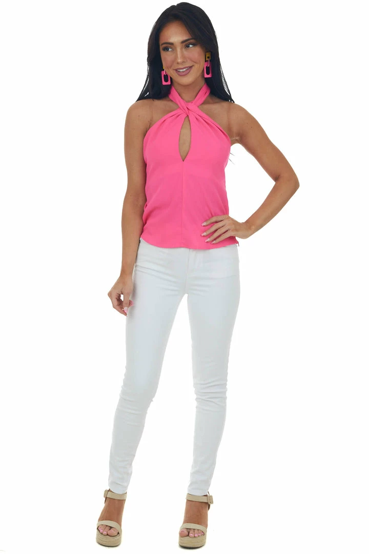 Glam Tops Neon Magenta Halter Neck Chest Cut Out Blouse 7 Glam Tops Neon Magenta Halter Neck Chest Cut Out Blouse