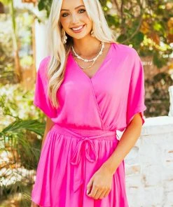 Glam Neon Magenta Surplice Smocked Waist Woven Romper Dresses