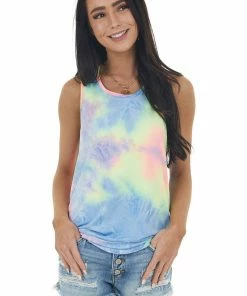 Wanna B Tops Neon Multicolor Tie Dye Tank Top With Twisted Back Detail
