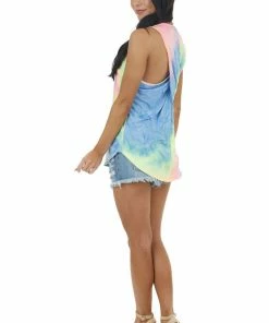 Wanna B Tops Neon Multicolor Tie Dye Tank Top With Twisted Back Detail