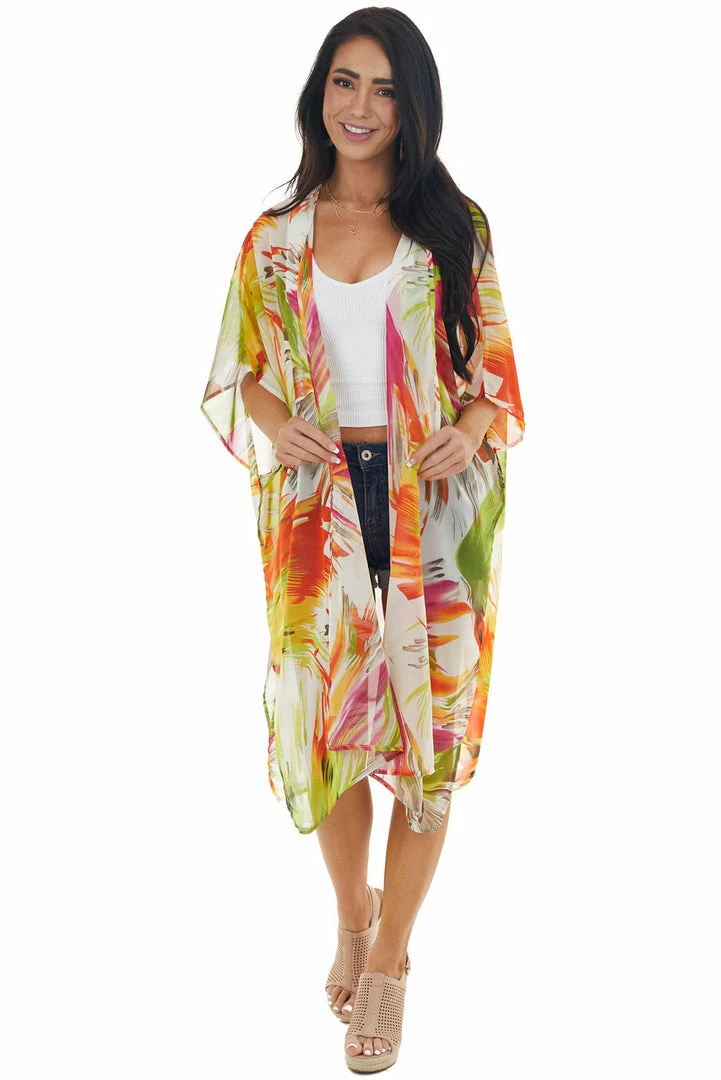 Caramela Tops Neon Orange Abstract Floral Open Front Kimono 4 Caramela Tops Neon Orange Abstract Floral Open Front Kimono
