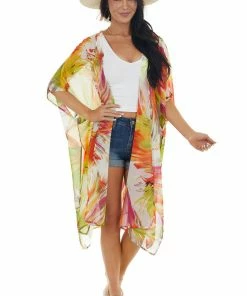 Caramela Tops Neon Orange Abstract Floral Open Front Kimono 20 Caramela Tops Neon Orange Abstract Floral Open Front Kimono