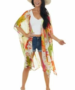 Caramela Tops Neon Orange Abstract Floral Open Front Kimono 21 Caramela Tops Neon Orange Abstract Floral Open Front Kimono