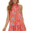 Peach Love Neon Orange Floral Print Sleeveless Mini Dress Dresses