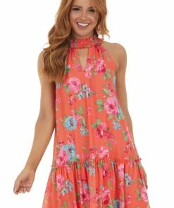 Peach Love Neon Orange Floral Print Sleeveless Mini Dress Dresses