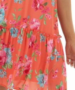 Peach Love Neon Orange Floral Print Sleeveless Mini Dress Dresses