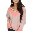 White Birch Neon Pink And Mauve Leopard Print Long Dolman Sleeve Top