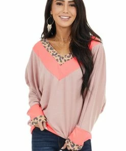 White Birch Neon Pink And Mauve Leopard Print Long Dolman Sleeve Top