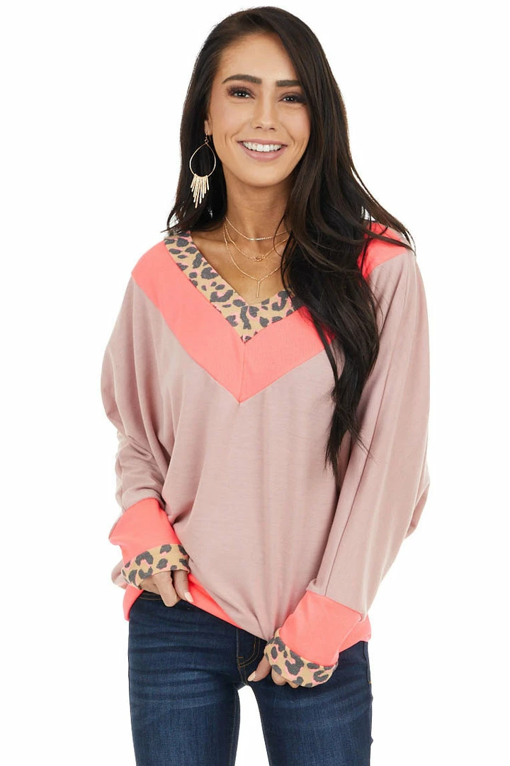 White Birch Neon Pink And Mauve Leopard Print Long Dolman Sleeve Top 3 White Birch Neon Pink And Mauve Leopard Print Long Dolman Sleeve Top