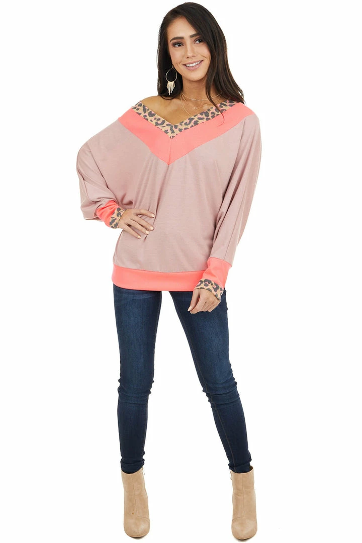 White Birch Neon Pink And Mauve Leopard Print Long Dolman Sleeve Top 7 White Birch Neon Pink And Mauve Leopard Print Long Dolman Sleeve Top