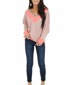 White Birch Neon Pink And Mauve Leopard Print Long Dolman Sleeve Top