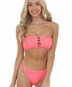 Envya Neon Pink Bandeau Smocked Bikini Set With Ladder Cut Outs Accessories