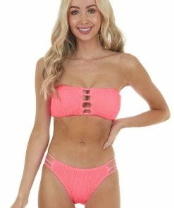 Envya Neon Pink Bandeau Smocked Bikini Set With Ladder Cut Outs Accessories
