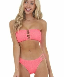 Envya Neon Pink Bandeau Smocked Bikini Set With Ladder Cut Outs Accessories