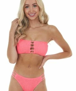 Envya Neon Pink Bandeau Smocked Bikini Set With Ladder Cut Outs Accessories