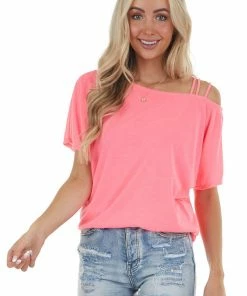 BiBi Tops Neon Pink Cold Strapped Shoulder Soft Knit Short Sleeve Top