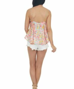 Umgee Tops Neon Pink Floral Metallic Threaded Silky Tank 12 Umgee Tops Neon Pink Floral Metallic Threaded Silky Tank