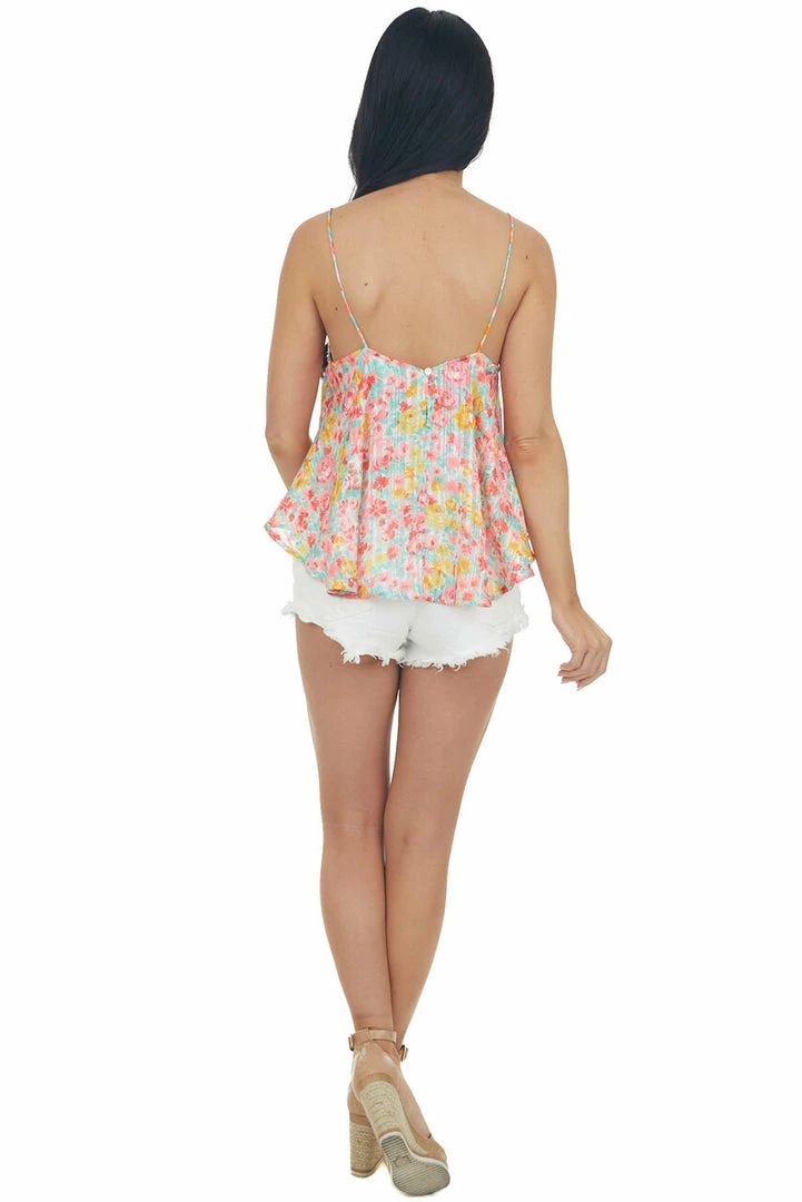 Umgee Tops Neon Pink Floral Metallic Threaded Silky Tank 7 Umgee Tops Neon Pink Floral Metallic Threaded Silky Tank