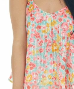 Umgee Tops Neon Pink Floral Metallic Threaded Silky Tank 13 Umgee Tops Neon Pink Floral Metallic Threaded Silky Tank