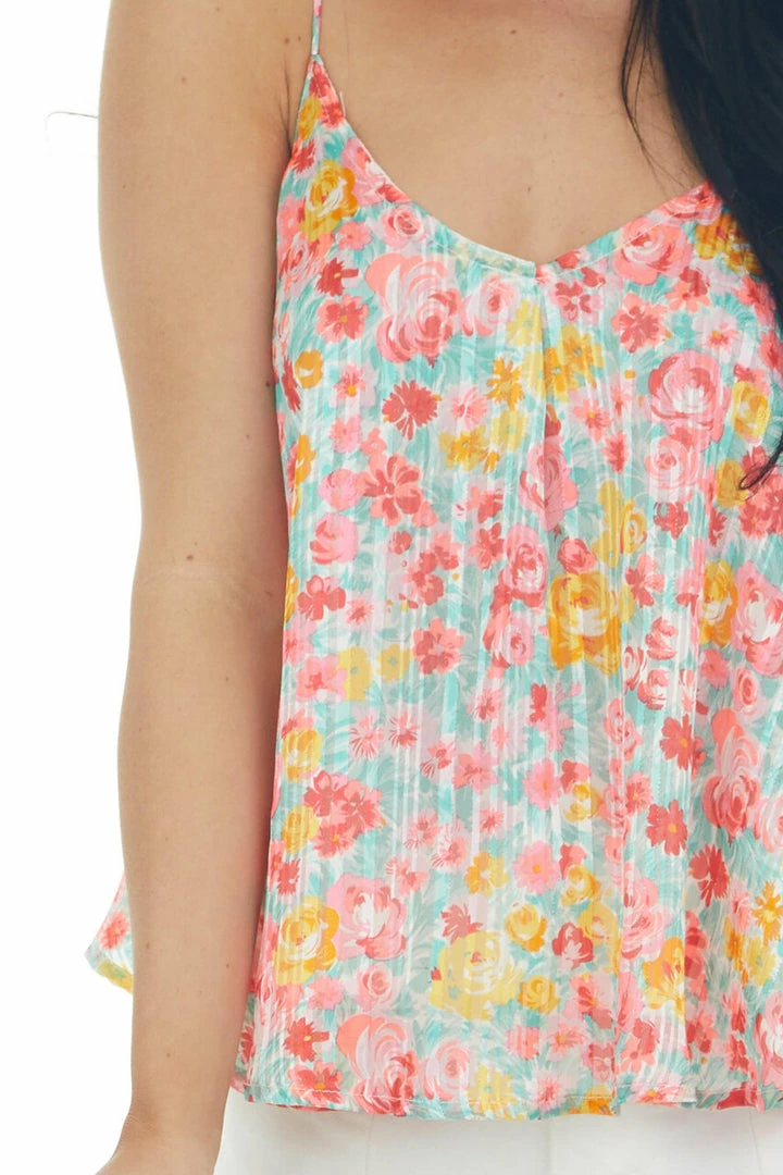 Umgee Tops Neon Pink Floral Metallic Threaded Silky Tank 8 Umgee Tops Neon Pink Floral Metallic Threaded Silky Tank