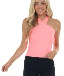 Peach Love Neon Pink Halter Neck Wrap Crop Top